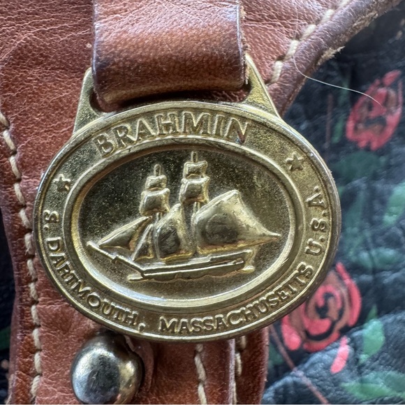 Vintage Brahmin Floral Leather Shoulder Bag Black Brown Double Strap Medallion - Picture 6 of 11